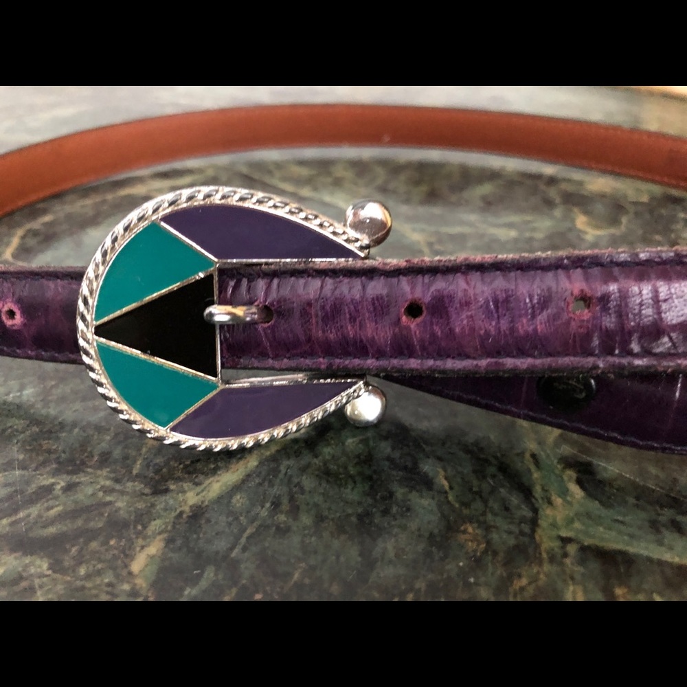 Enaz purple leather belt with enamel buckle, mint